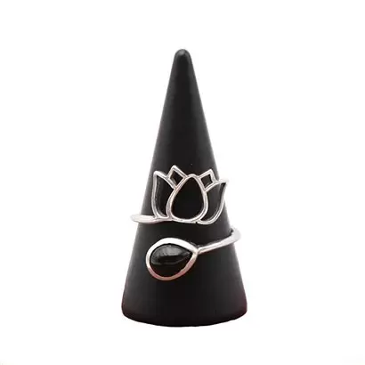 Bague « Lotus » réglable avec gemme Obsidienne Noire
