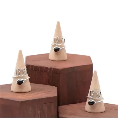 Bague « Lotus » réglable avec gemme Obsidienne Noire