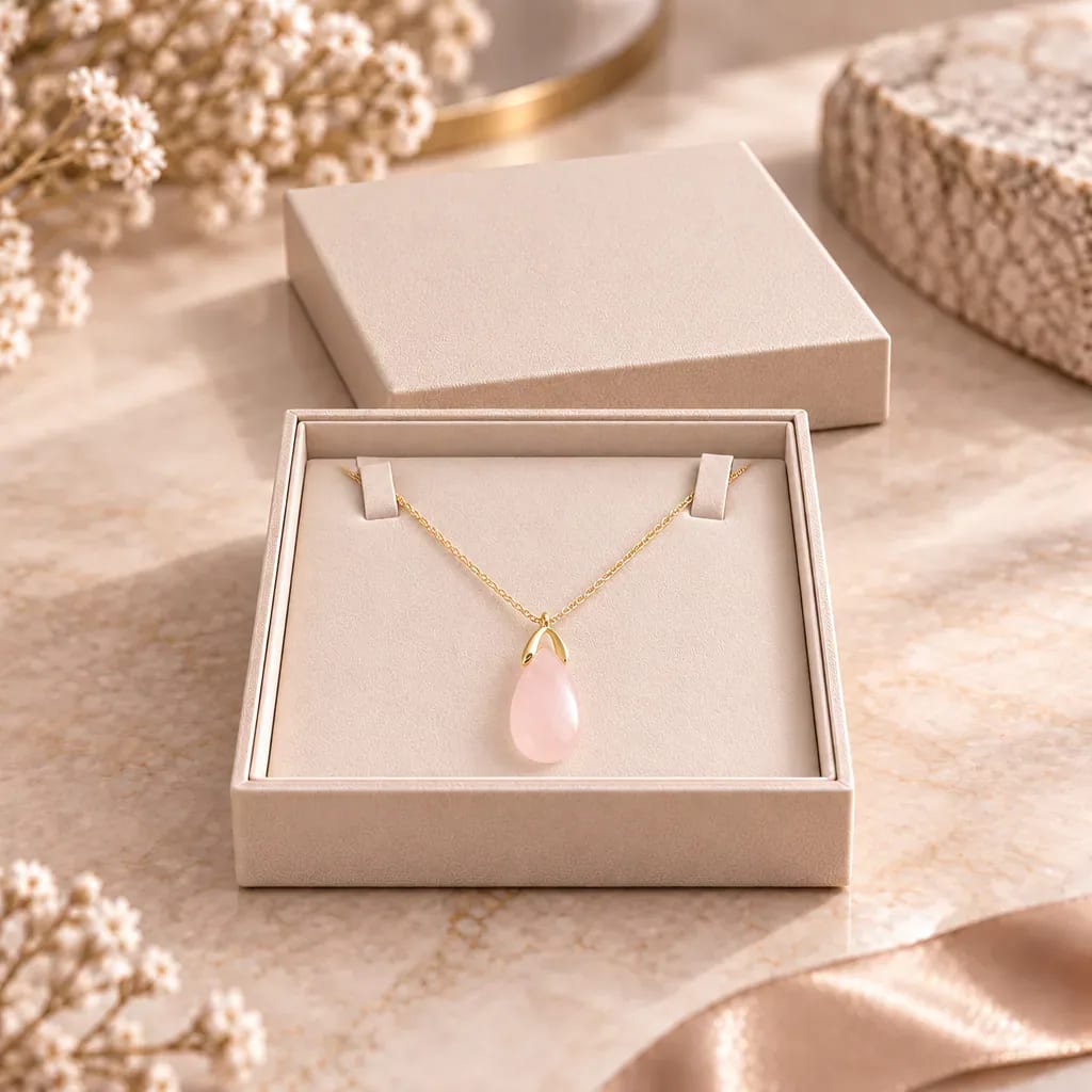 Collier sautoir en quartz rose du Brésil — pendentif goutte 35 mm — Grade A