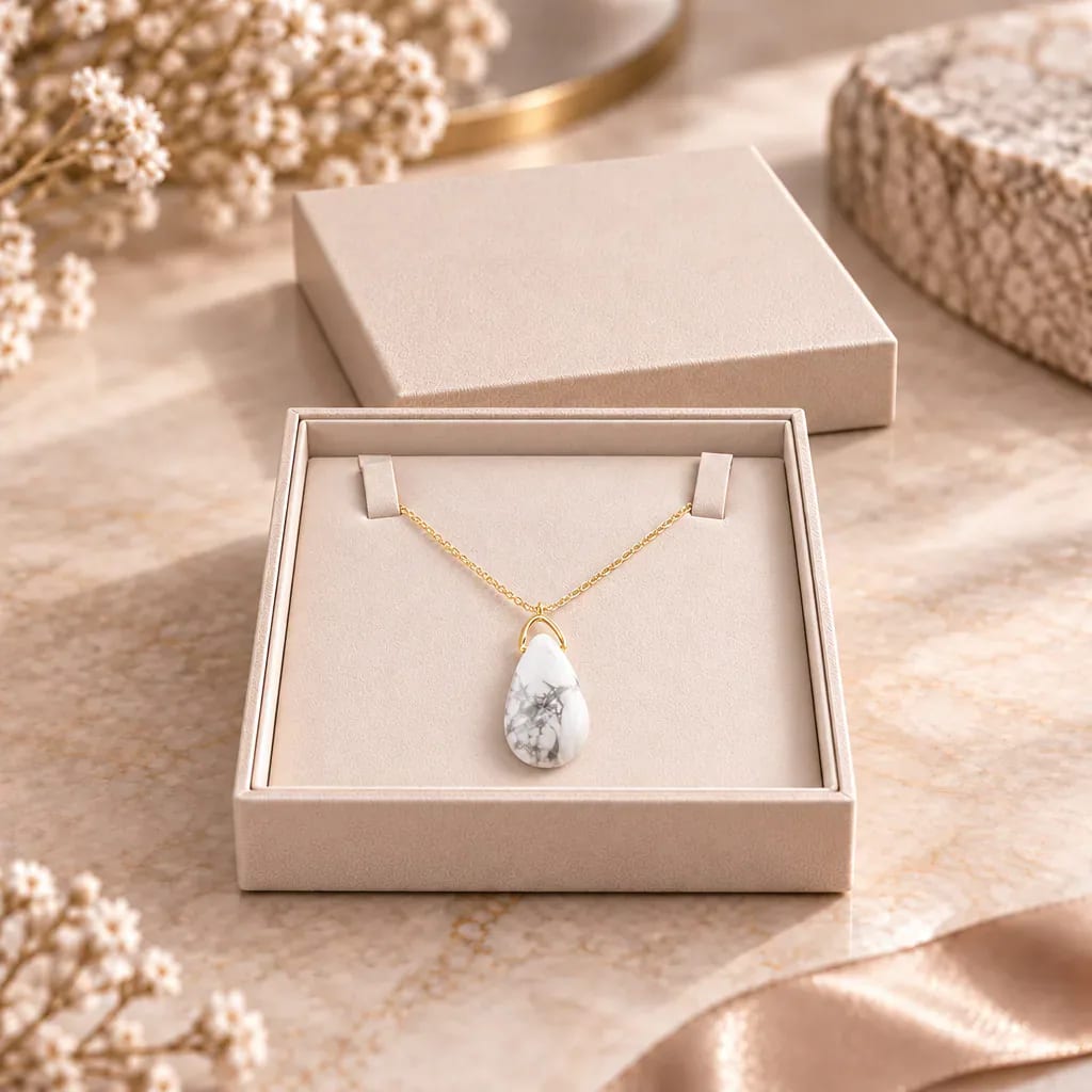 Collier sautoir en howlite blanche du Zimbabwe — pendentif goutte 35 mm — Grade A+