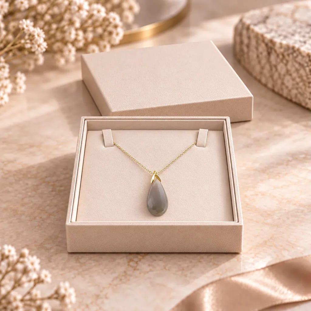 Collier sautoir en agate du Botswana — pendentif goutte 35 mm — Grade A+