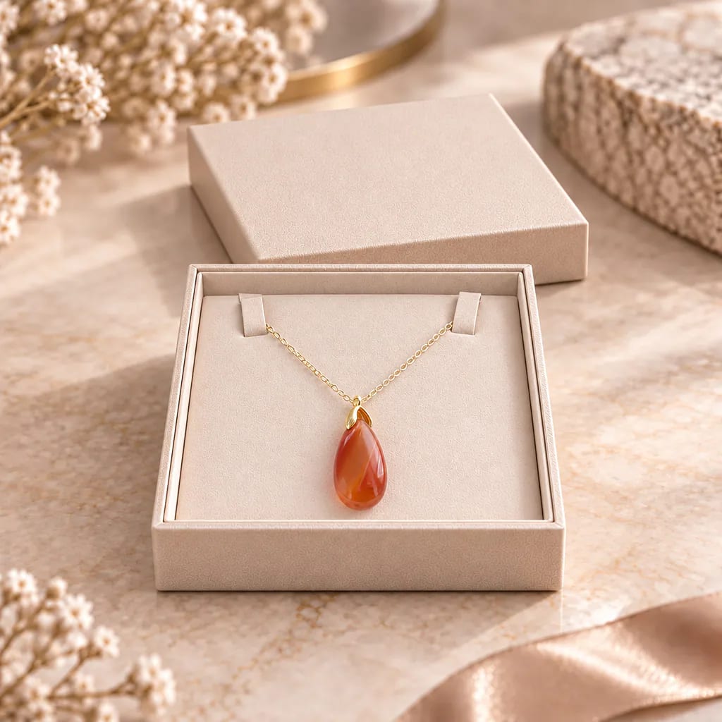 Collier sautoir en cornaline du Brésil — pendentif goutte 35 mm — Grade A+