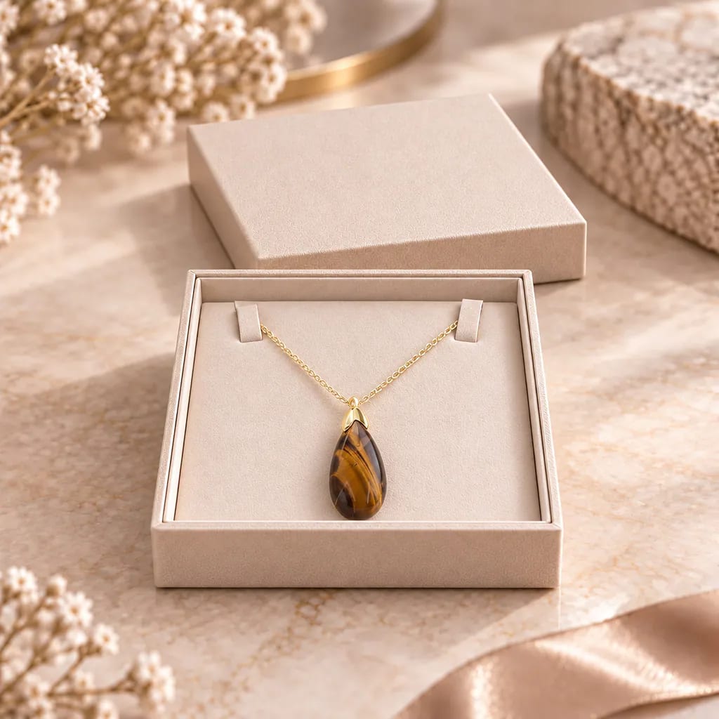Collier sautoir en œil de tigre d’Afrique du Sud — pendentif goutte 35 mm — Grade A+