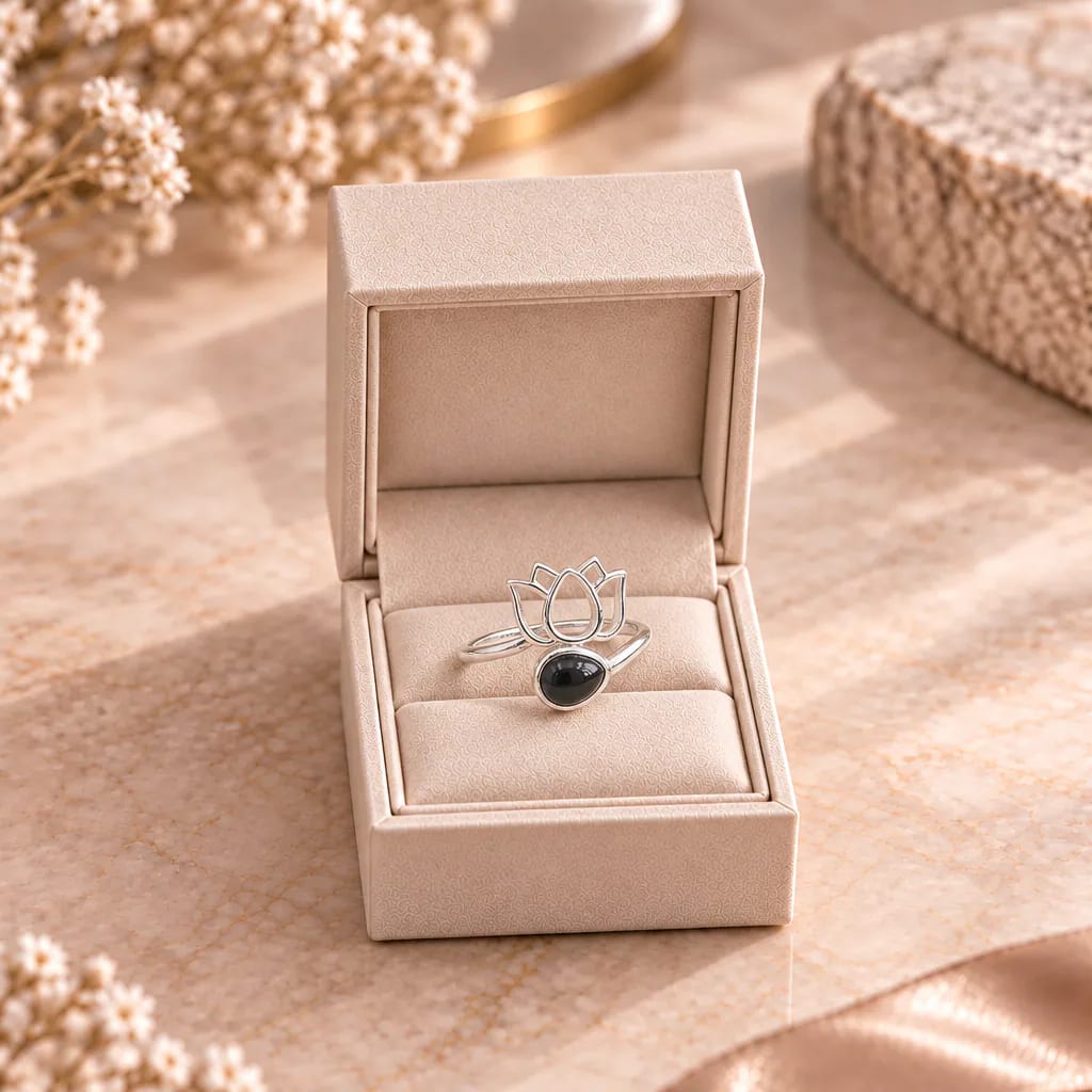 Bague lotus en Obsidienne noire · Mexique · Grade AA