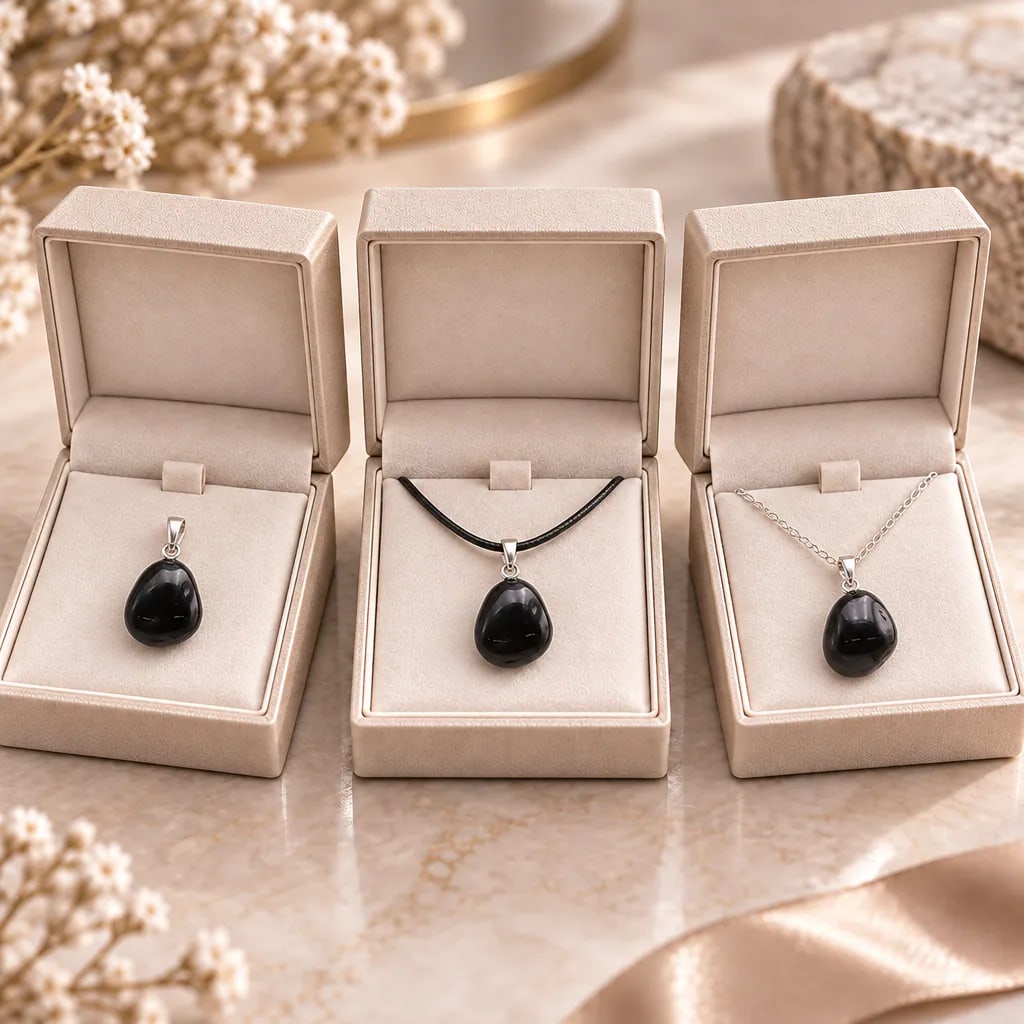 Pendentif pierre roulée en obsidienne noire du Mexique · Grade A, vue 1