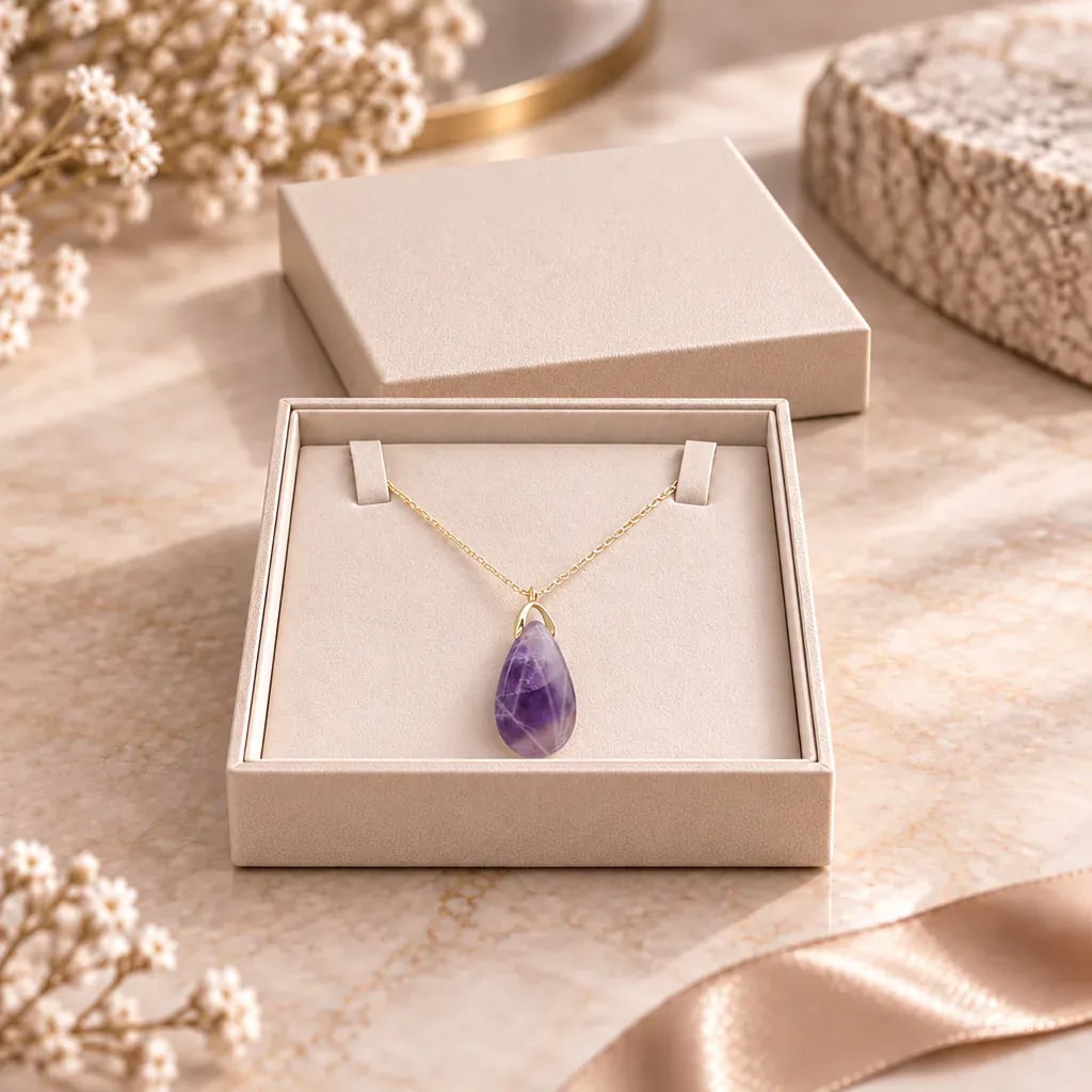 Collier sautoir en améthyste du Brésil — pendentif goutte 35 mm — Grade A, vue 1