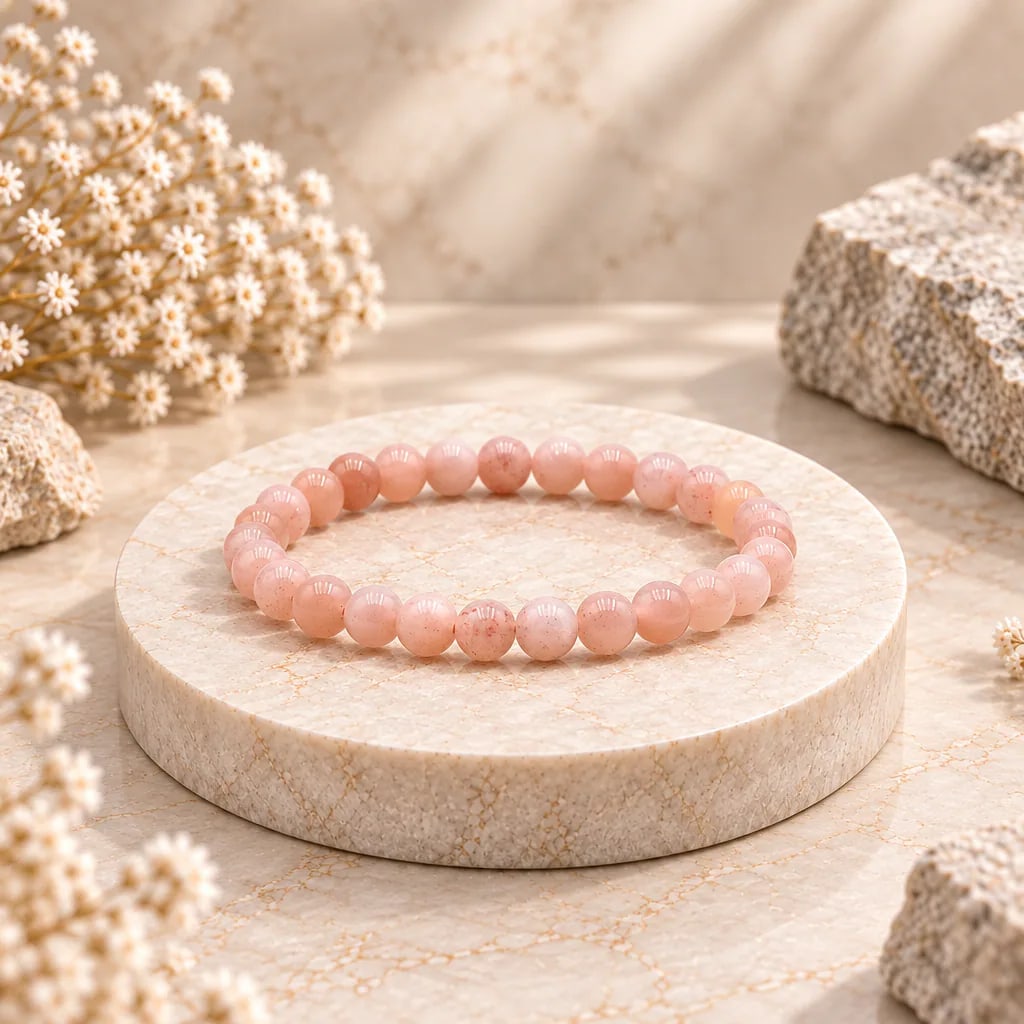 Bracelet à boules en Pierre de lune rose · 6 mm · Inde · Grade A, vue 1