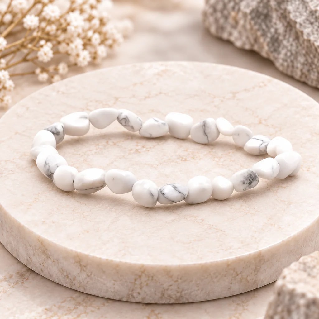 Bracelet en pierres roulées de howlite blanche du Zimbabwe · Grade A, vue 1