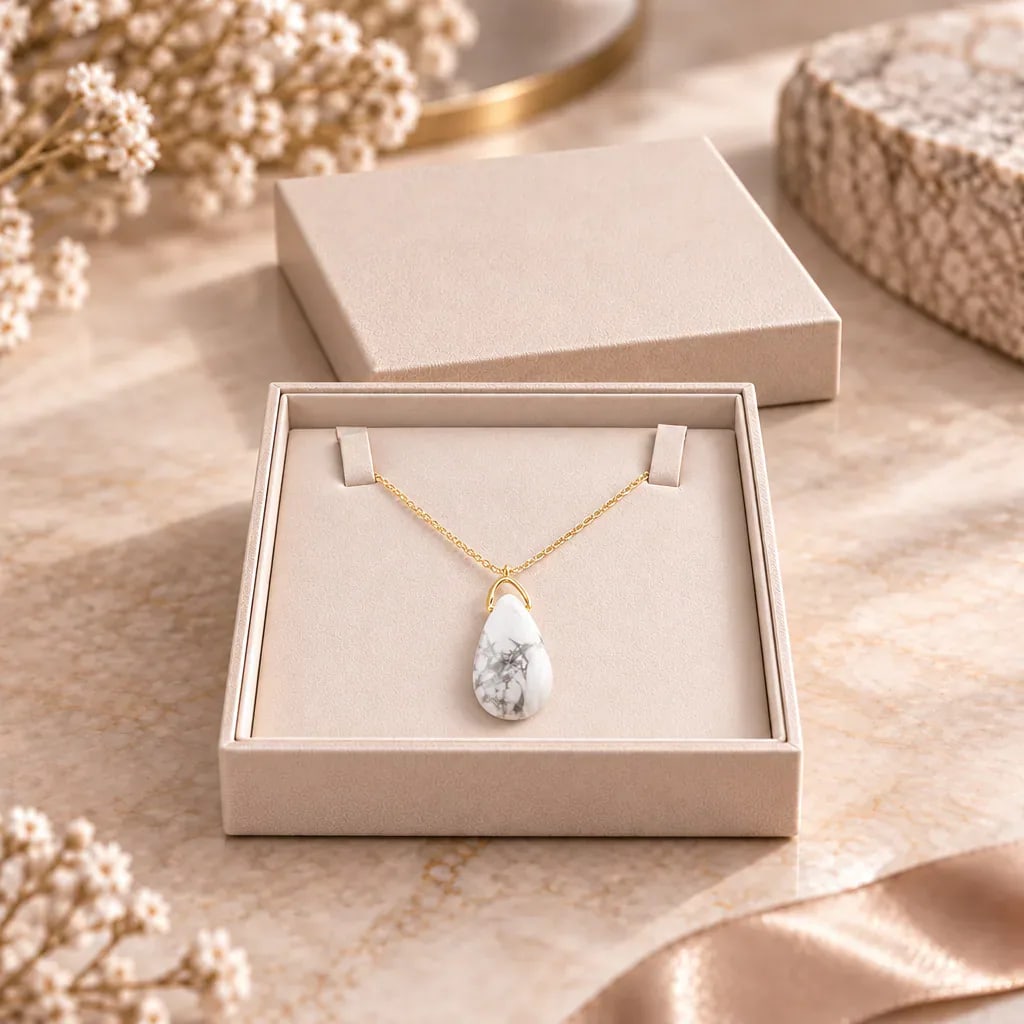 Collier sautoir en howlite blanche du Zimbabwe — pendentif goutte 35 mm — Grade A+, vue 1