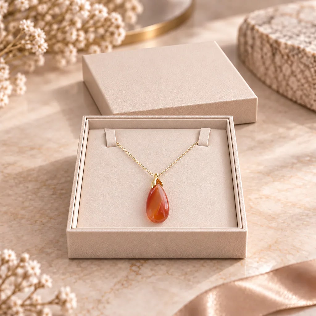 Collier sautoir en cornaline du Brésil — pendentif goutte 35 mm — Grade A+, vue 1