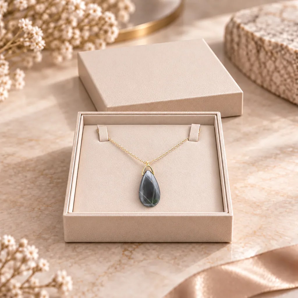 Collier sautoir en hématite de Chine — pendentif 35 mm — Grade A+, vue 1