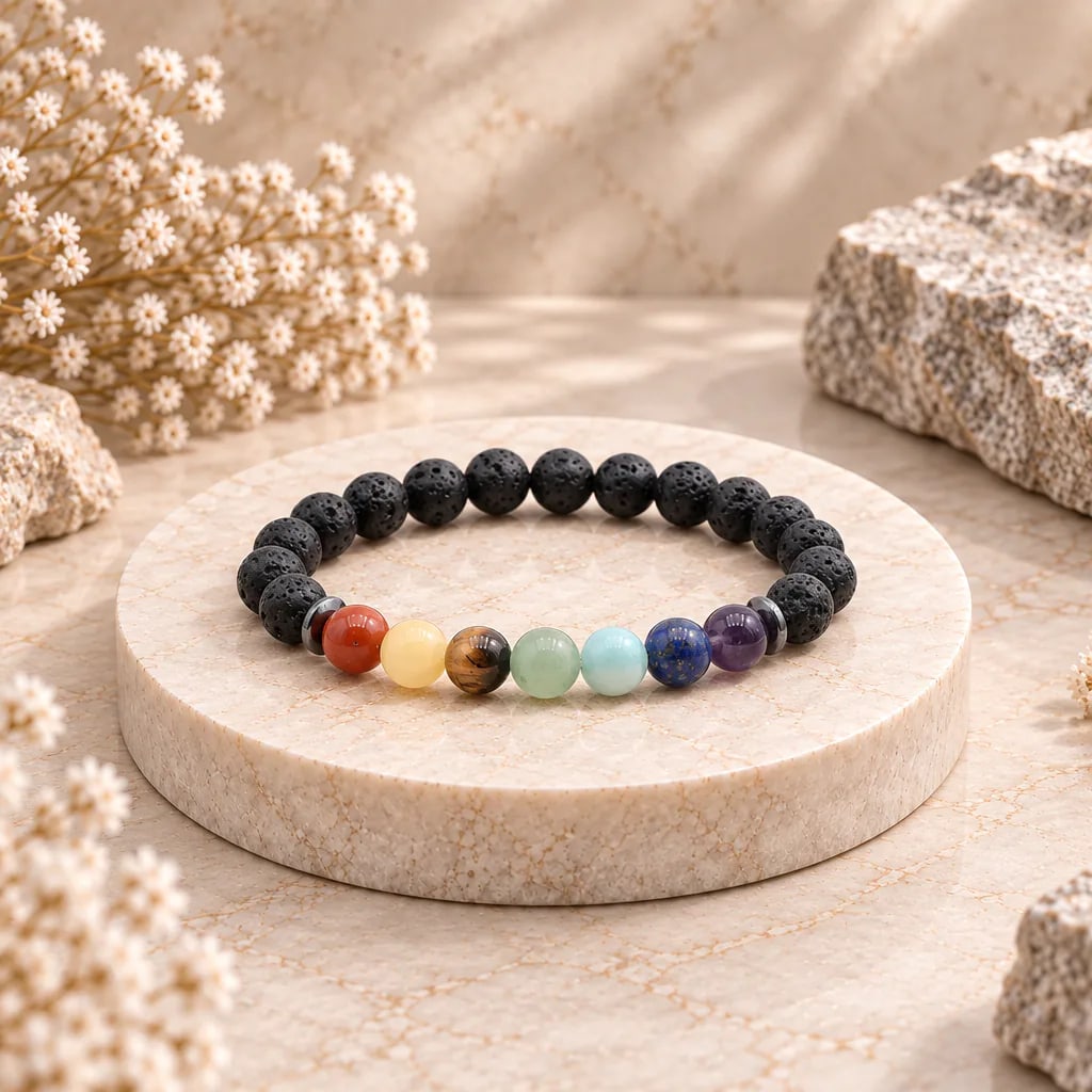 Bracelet à boules 7 Chakras en pierre de lave de Chine — 8 mm — Grade A, vue 1