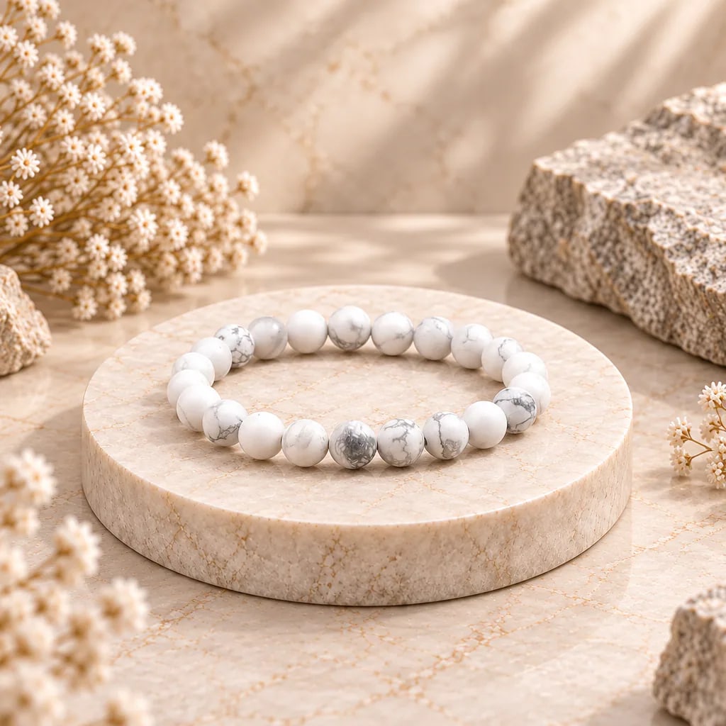 Bracelet à boules en howlite blanche du Zimbabwe — 8 mm — Grade A, vue 1