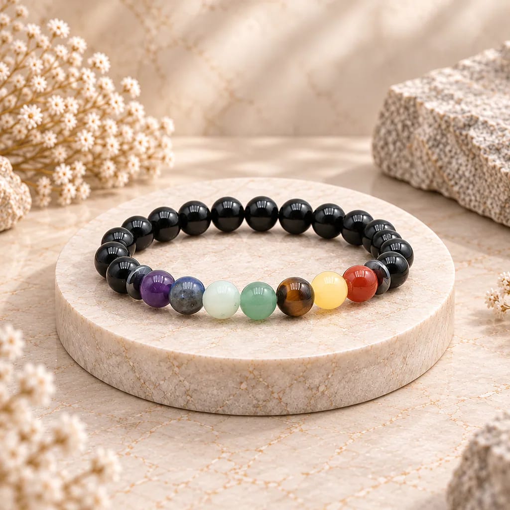 Bracelet à boules 7 Chakras et onyx — 8 mm — Grade A