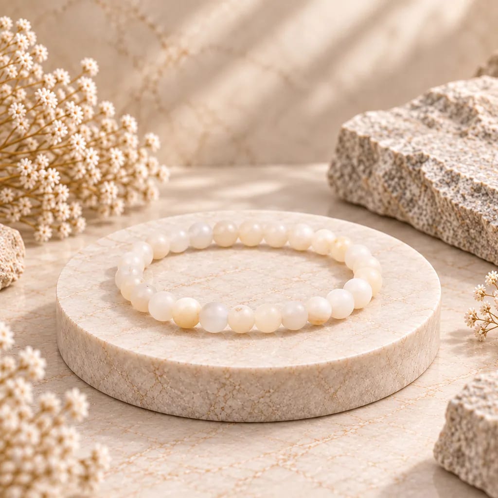 Bracelet à boules en Pierre de lune beige · 6 mm · Inde · Grade A
