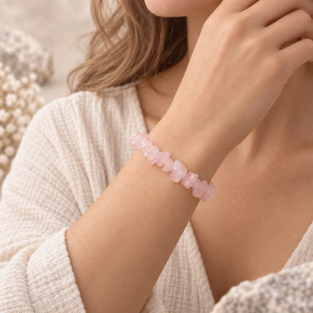 Bracelet baroque en quartz rose de Madagascar · Grade A+ — vue portée 1