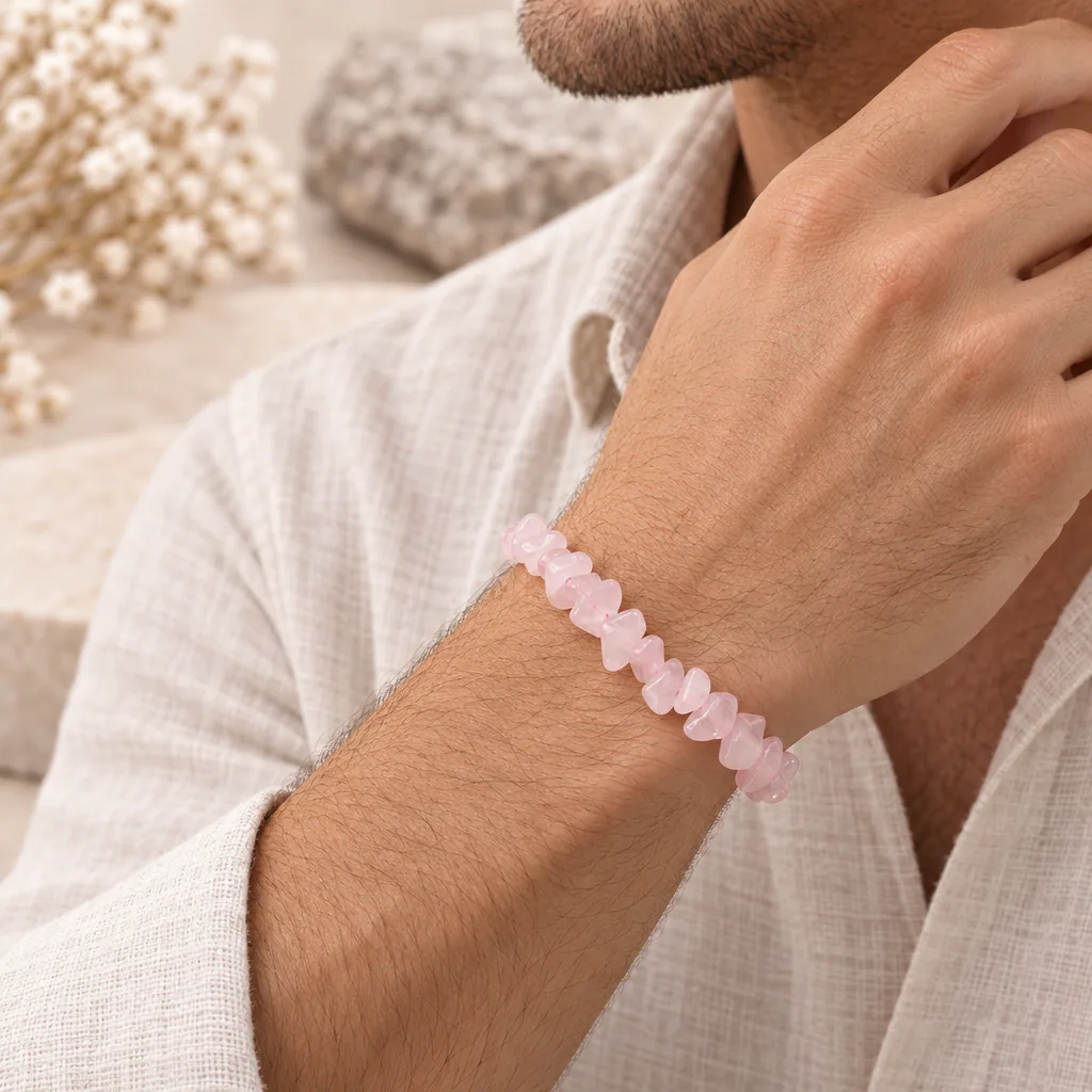 Bracelet baroque en quartz rose de Madagascar · Grade A+ — vue portée 2