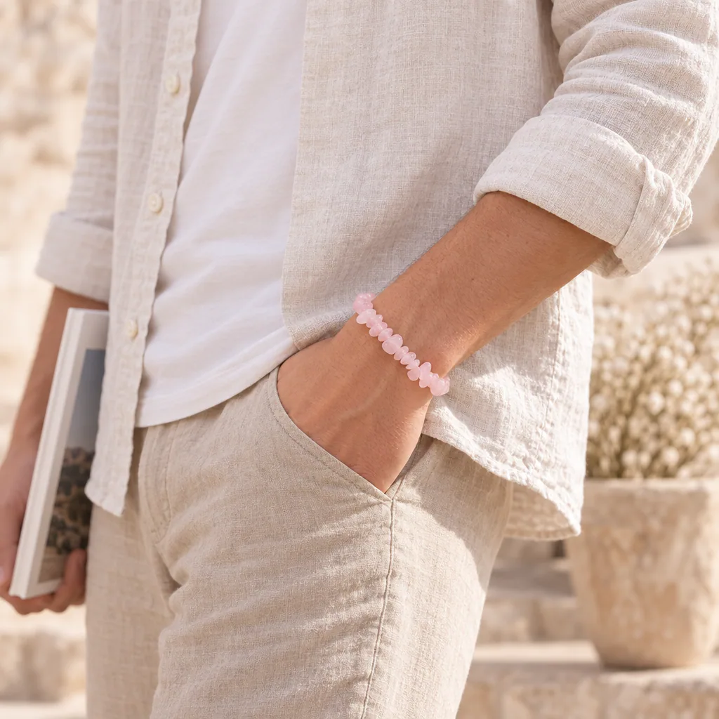 Bracelet baroque en quartz rose de Madagascar · Grade A+ — vue portée 3