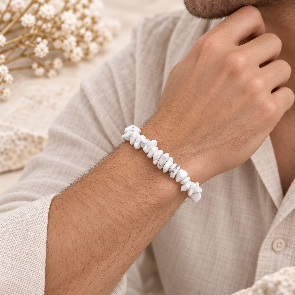 Bracelet baroque en howlite blanche du Zimbabwe · Grade A — vue portée 2