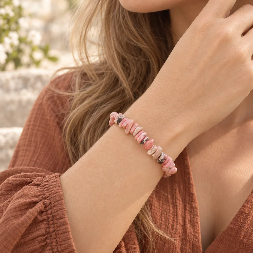 Bracelet baroque en rhodochrosite d’Argentine · Grade A — vue portée 1