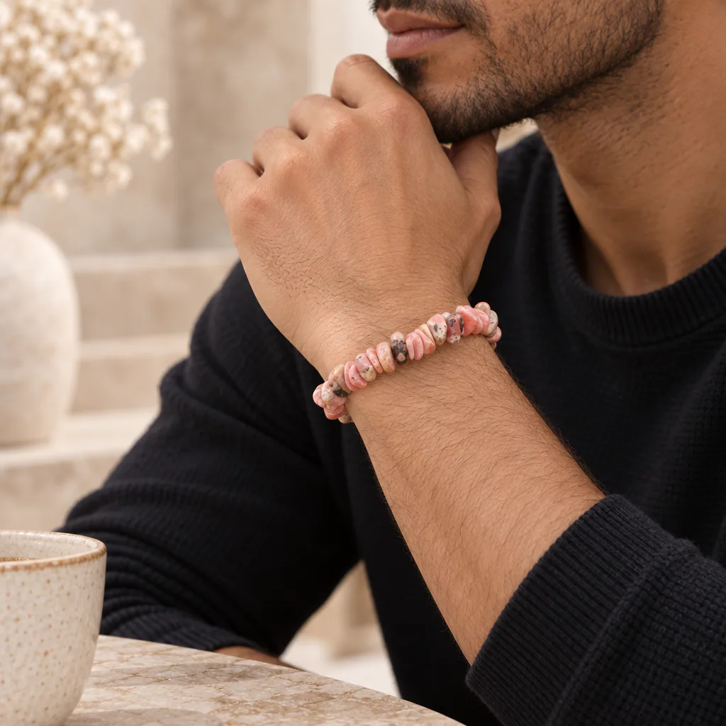 Bracelet baroque en rhodochrosite d’Argentine · Grade A — vue portée 2