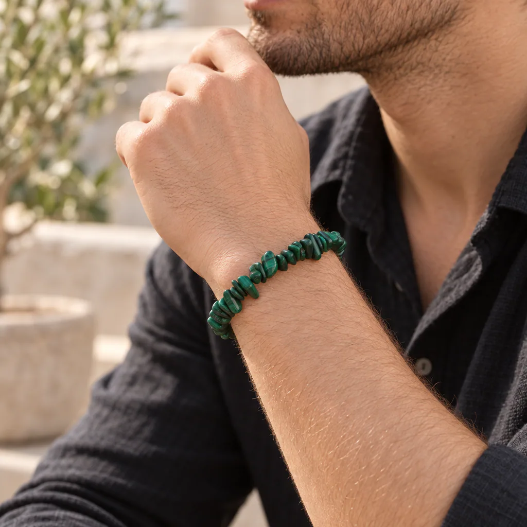 Bracelet baroque en malachite du Congo-Kinshasa · Grade AA — vue portée 2