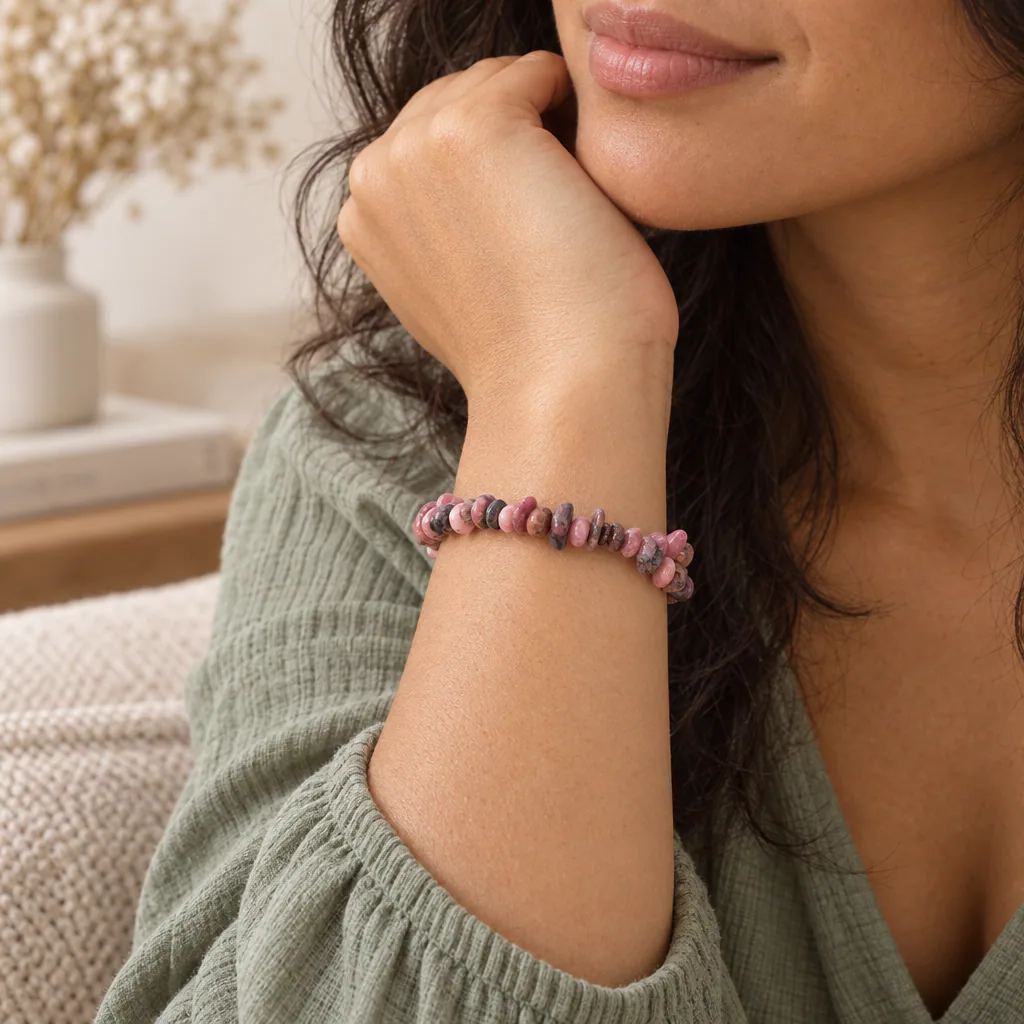 Bracelet baroque en rhodonite du Brésil · Grade AA — vue portée 1