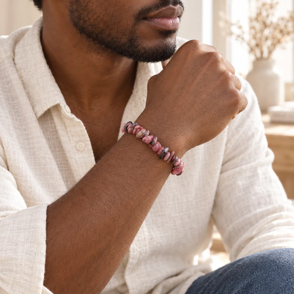 Bracelet baroque en rhodonite du Brésil · Grade AA — vue portée 2