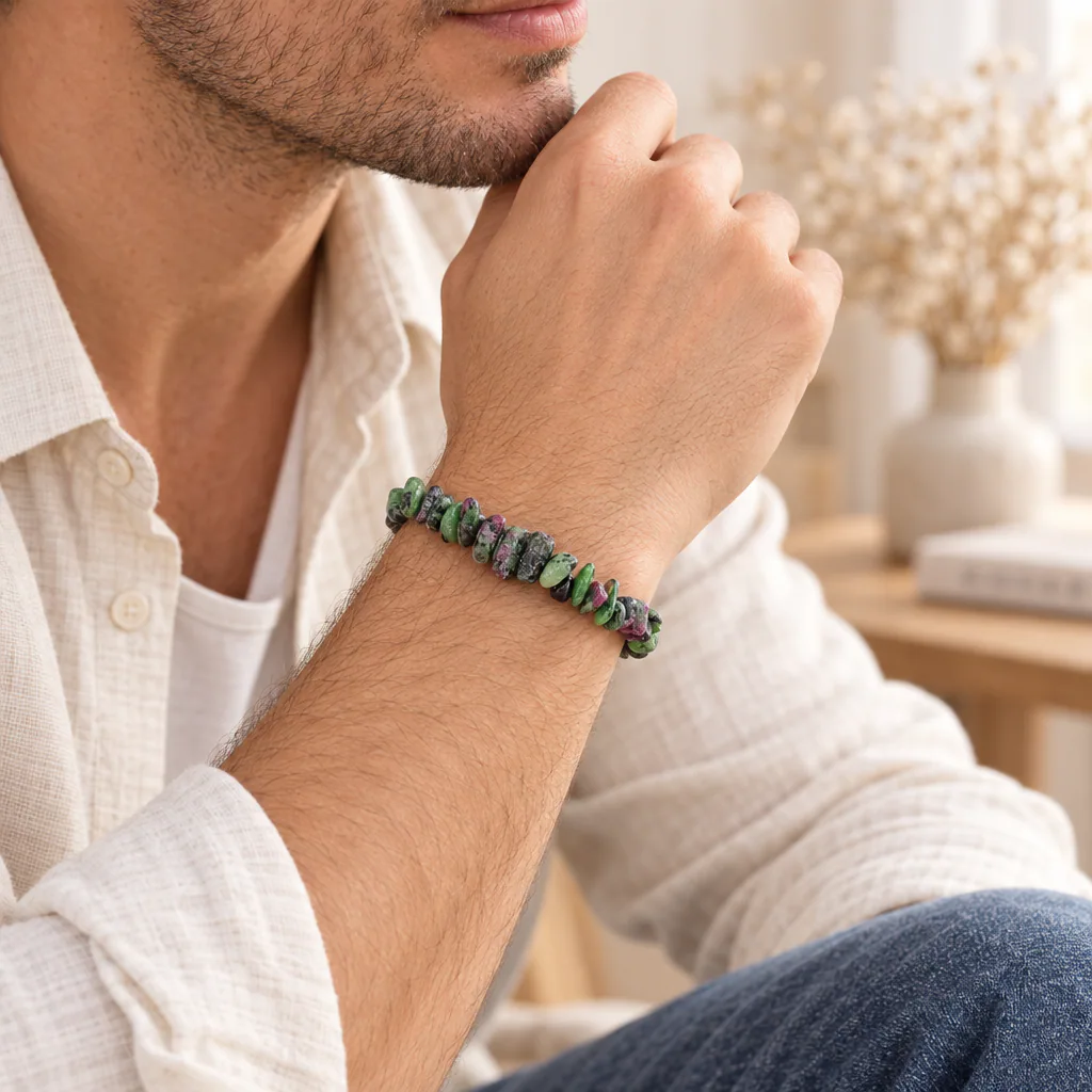 Bracelet baroque en rubis zoïsite de Tanzanie · Grade A — vue portée 2