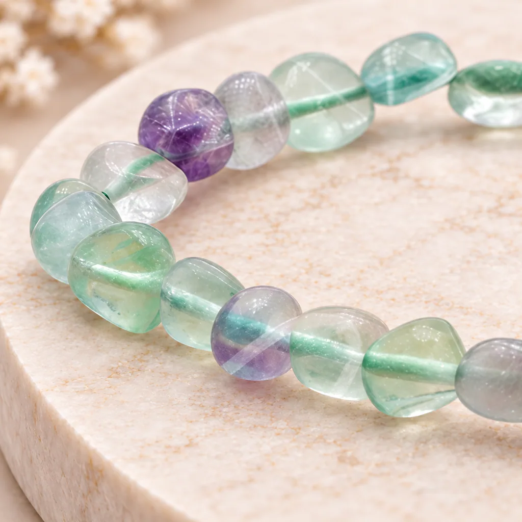 Bracelet en pierres roulées de fluorine de Chine · Grade A — vue studio 2