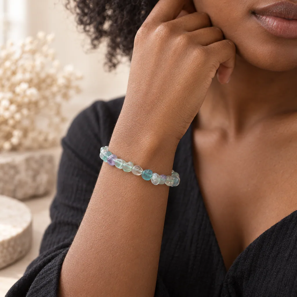 Bracelet en pierres roulées de fluorine de Chine · Grade A — vue portée 1