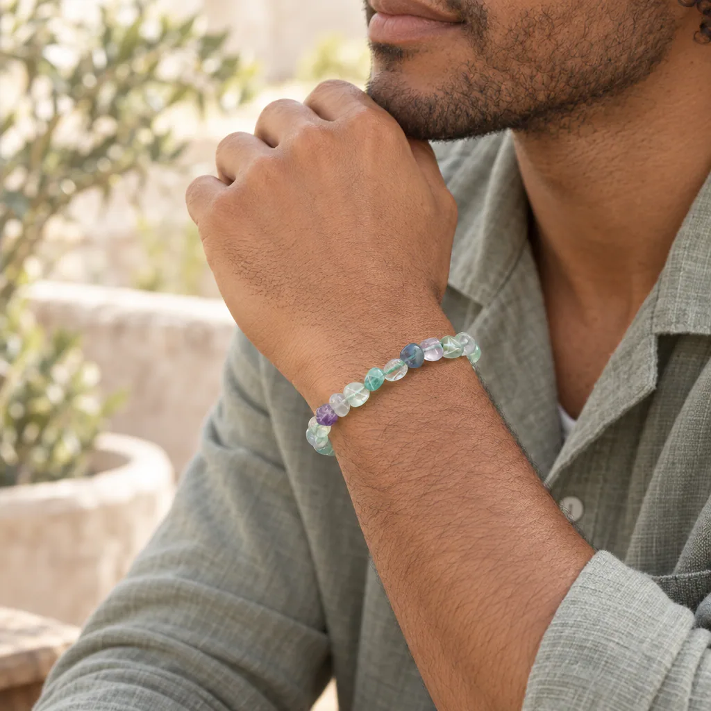 Bracelet en pierres roulées de fluorine de Chine · Grade A — vue portée 2