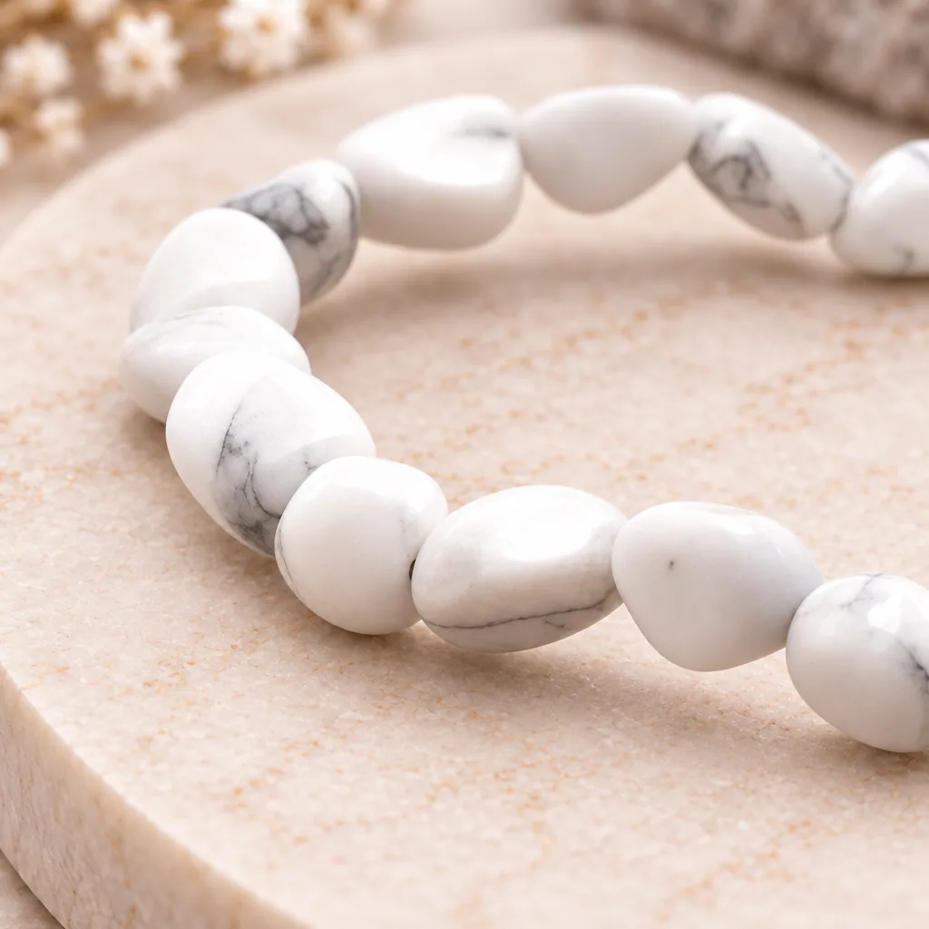 Bracelet en pierres roulées de howlite blanche du Zimbabwe · Grade A — vue studio 2