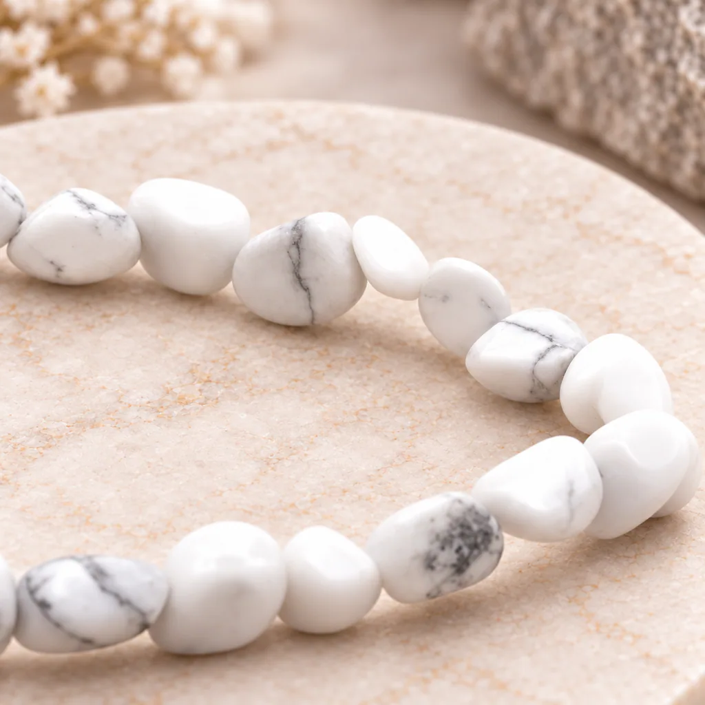Bracelet en pierres roulées de howlite blanche du Zimbabwe · Grade A — vue studio 3