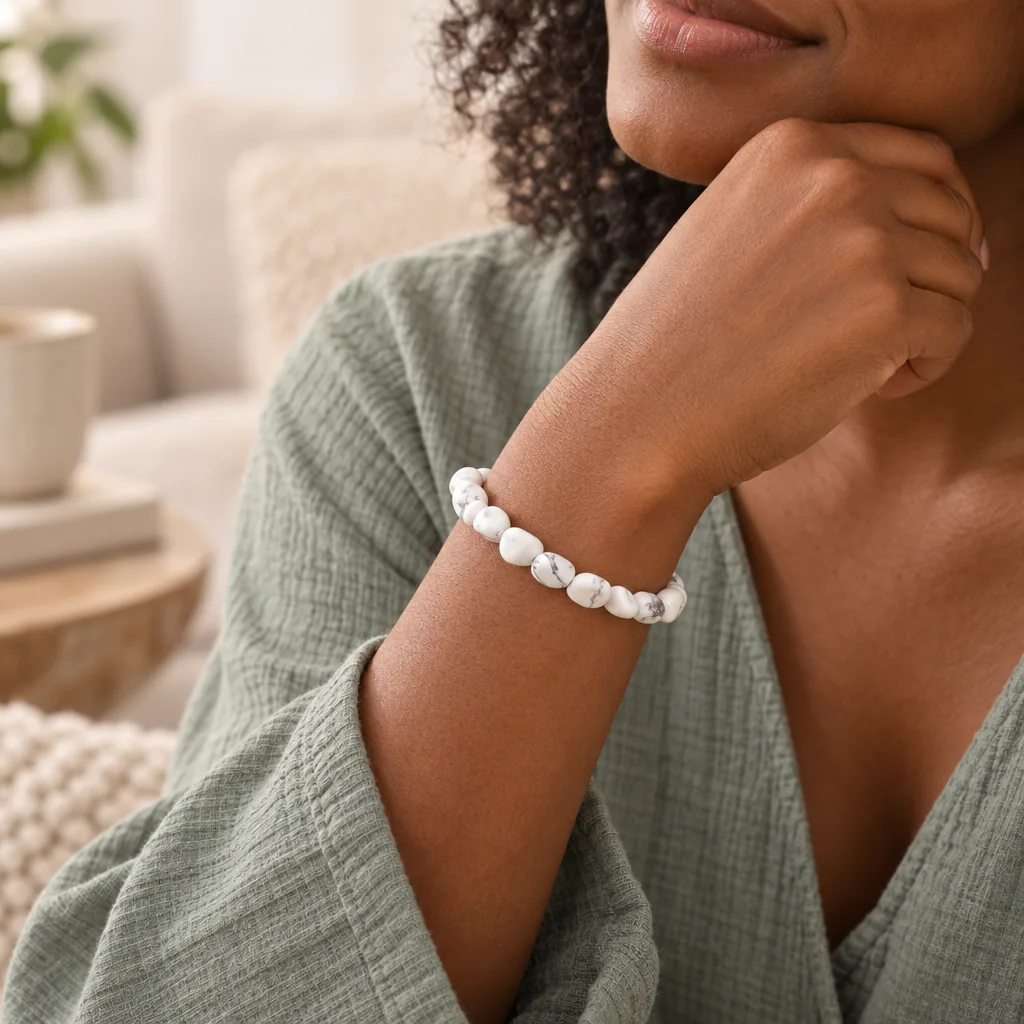Bracelet en pierres roulées de howlite blanche du Zimbabwe · Grade A — vue portée 1