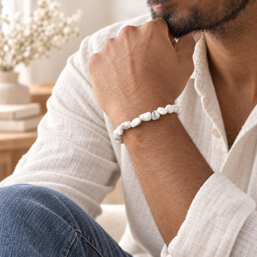 Bracelet en pierres roulées de howlite blanche du Zimbabwe · Grade A — vue portée 2