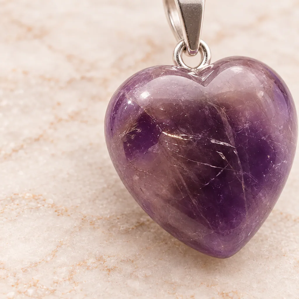 Pendentif cœur en améthyste du Brésil · Grade A — vue studio 2