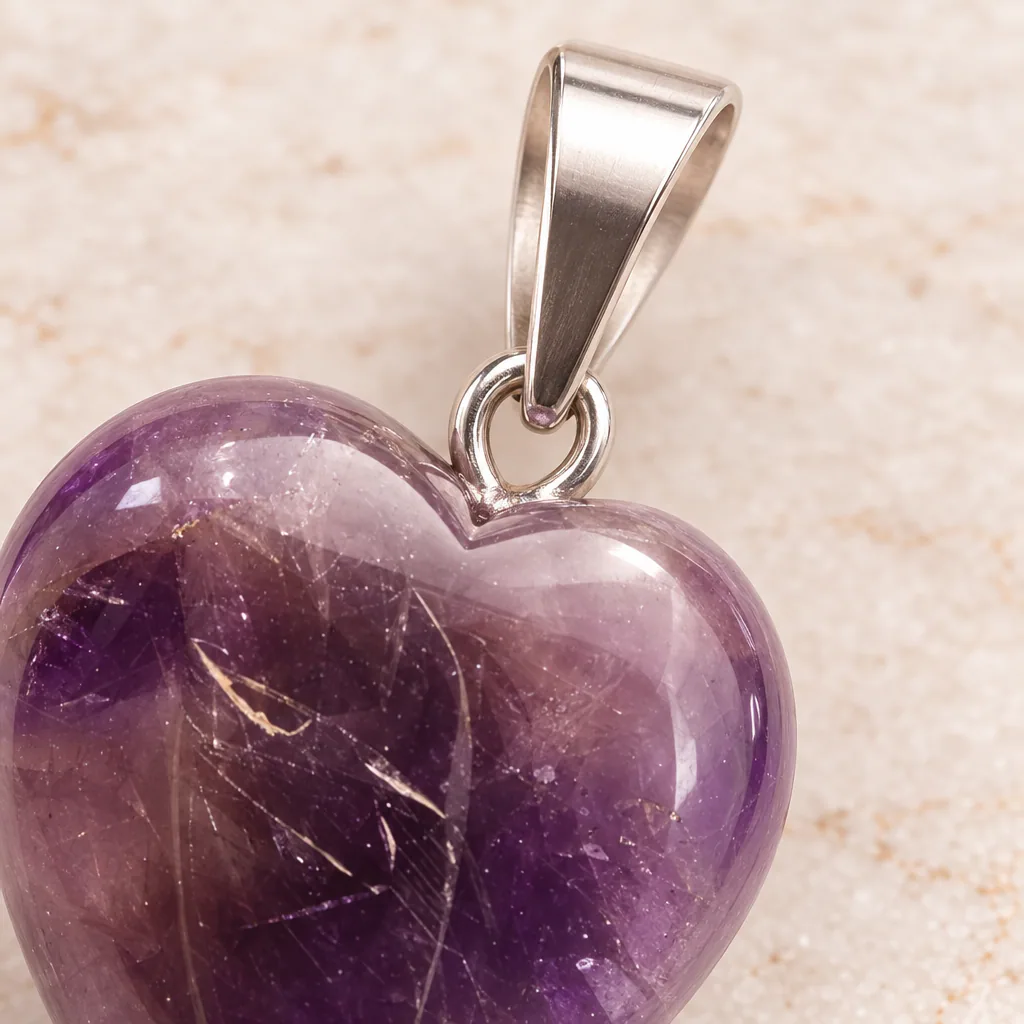 Pendentif cœur en améthyste du Brésil · Grade A — vue studio 3