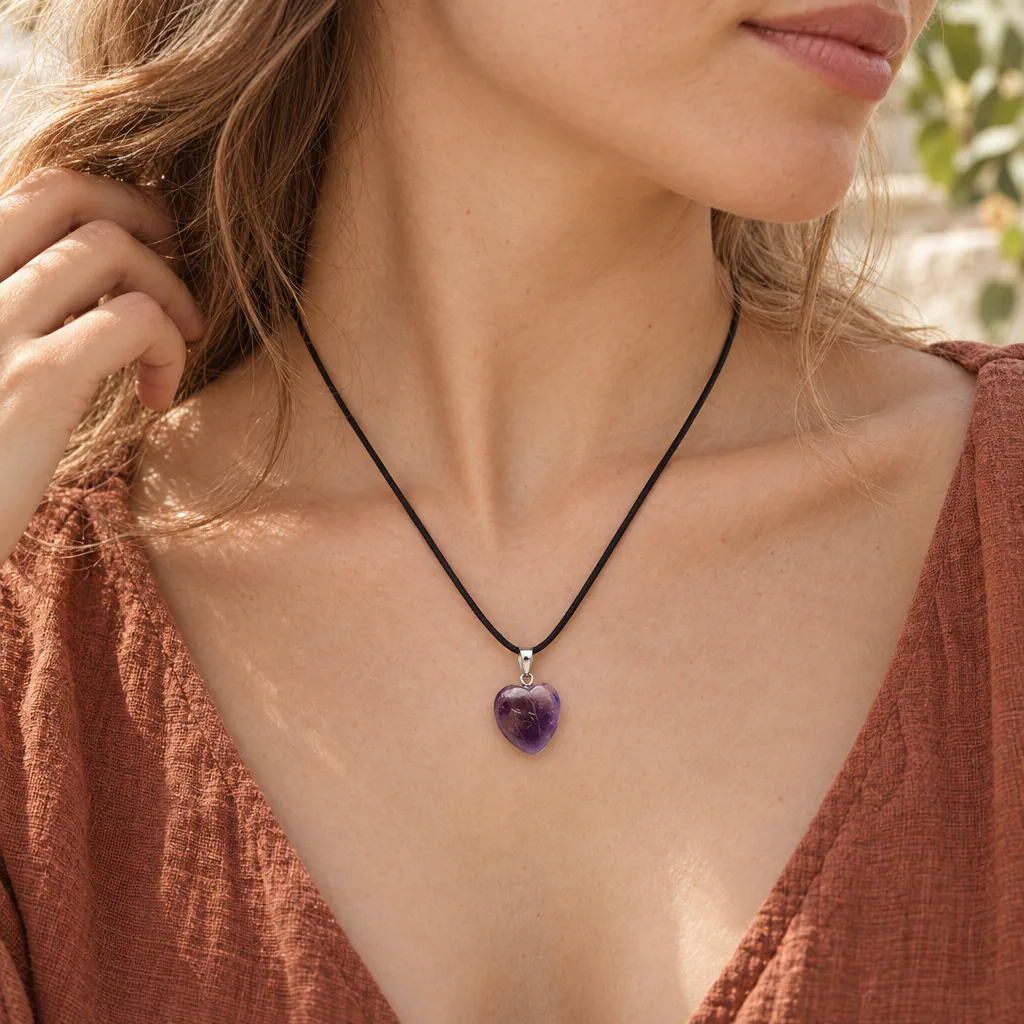Pendentif cœur en améthyste du Brésil · Grade A — vue portée 1