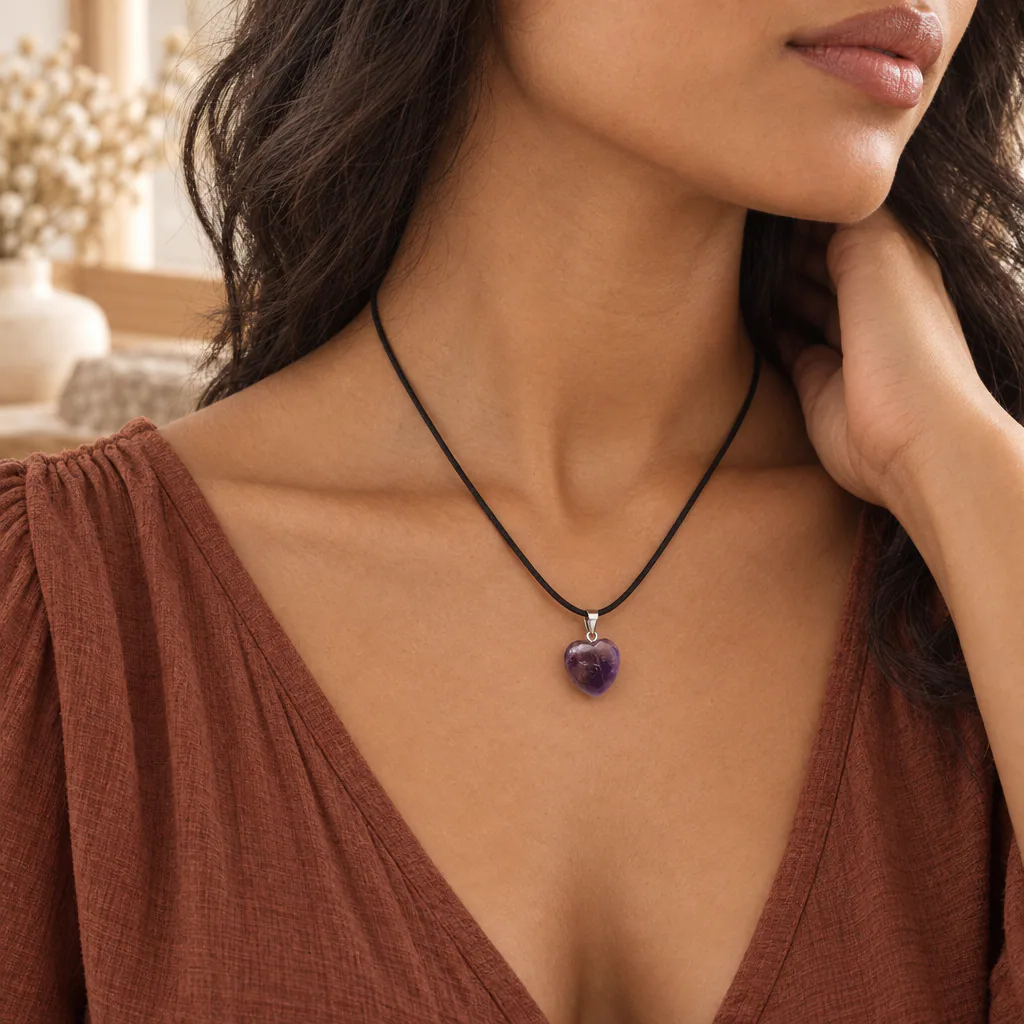 Pendentif cœur en améthyste du Brésil — Grade A — vue portée 2