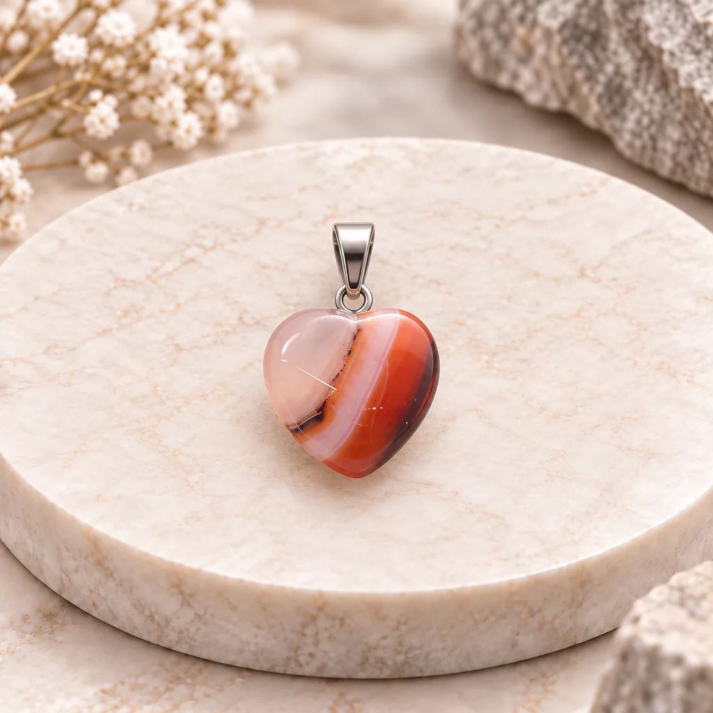 Pendentif cœur en cornaline du Brésil · Grade A — vue studio 2