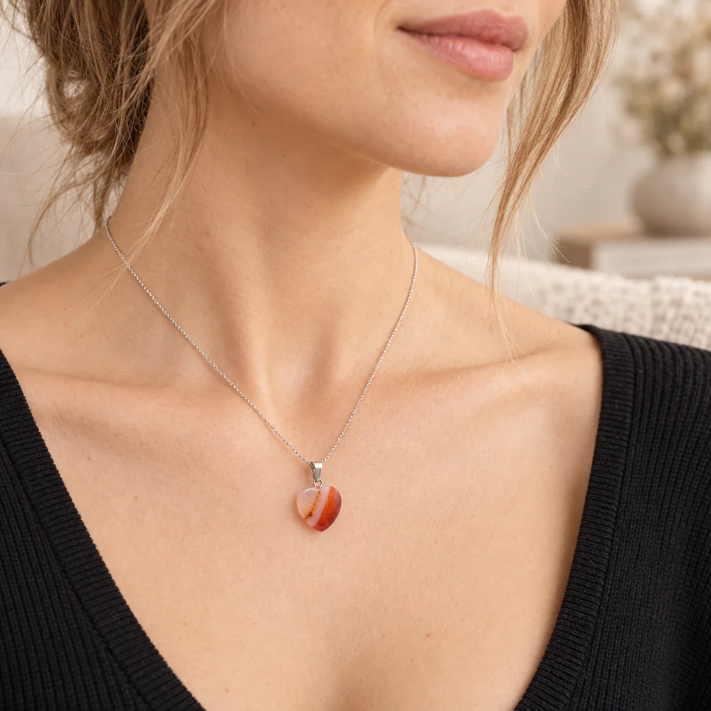Pendentif cœur en cornaline du Brésil · Grade A — vue portée 1