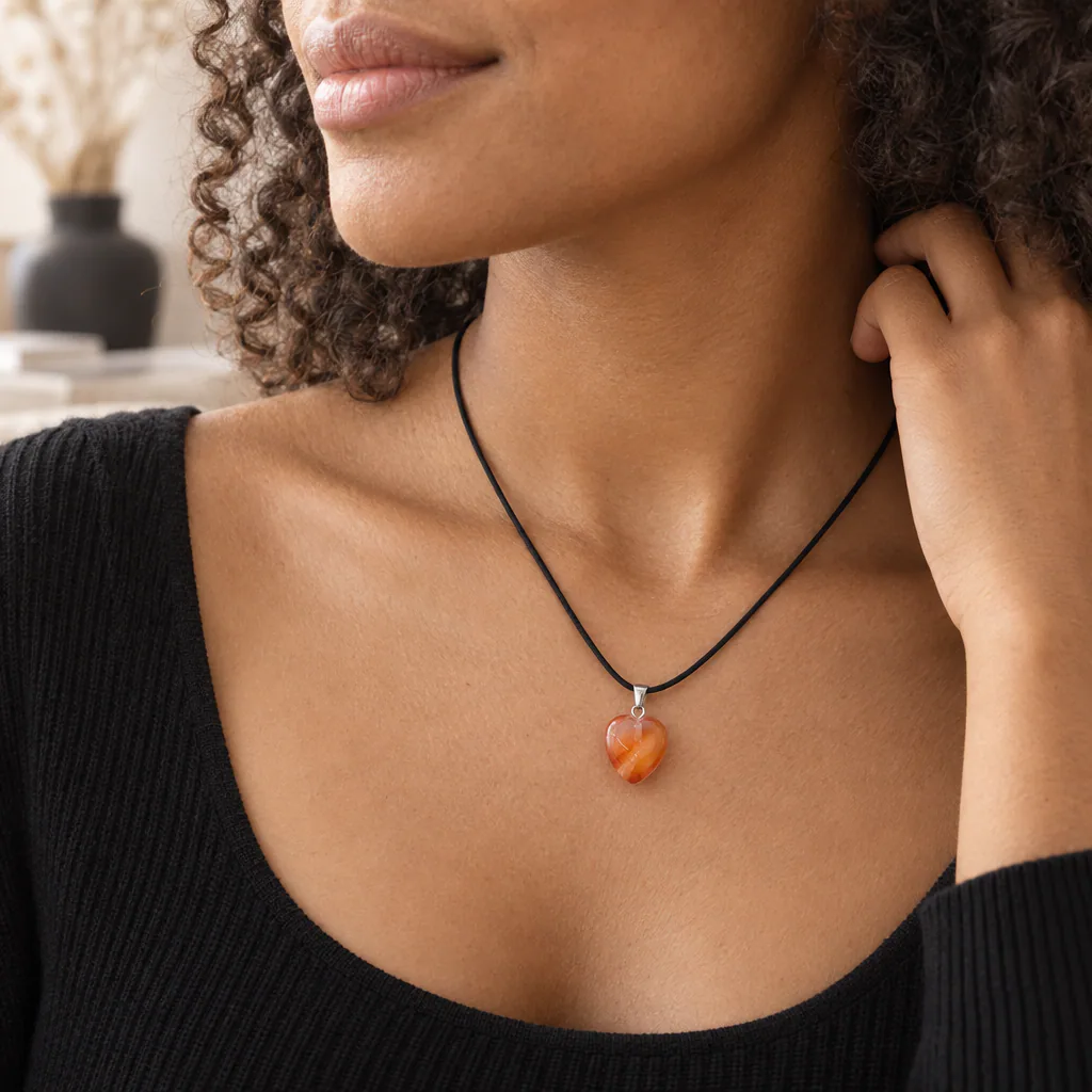 Pendentif cœur en cornaline du Brésil · Grade A — vue portée 2