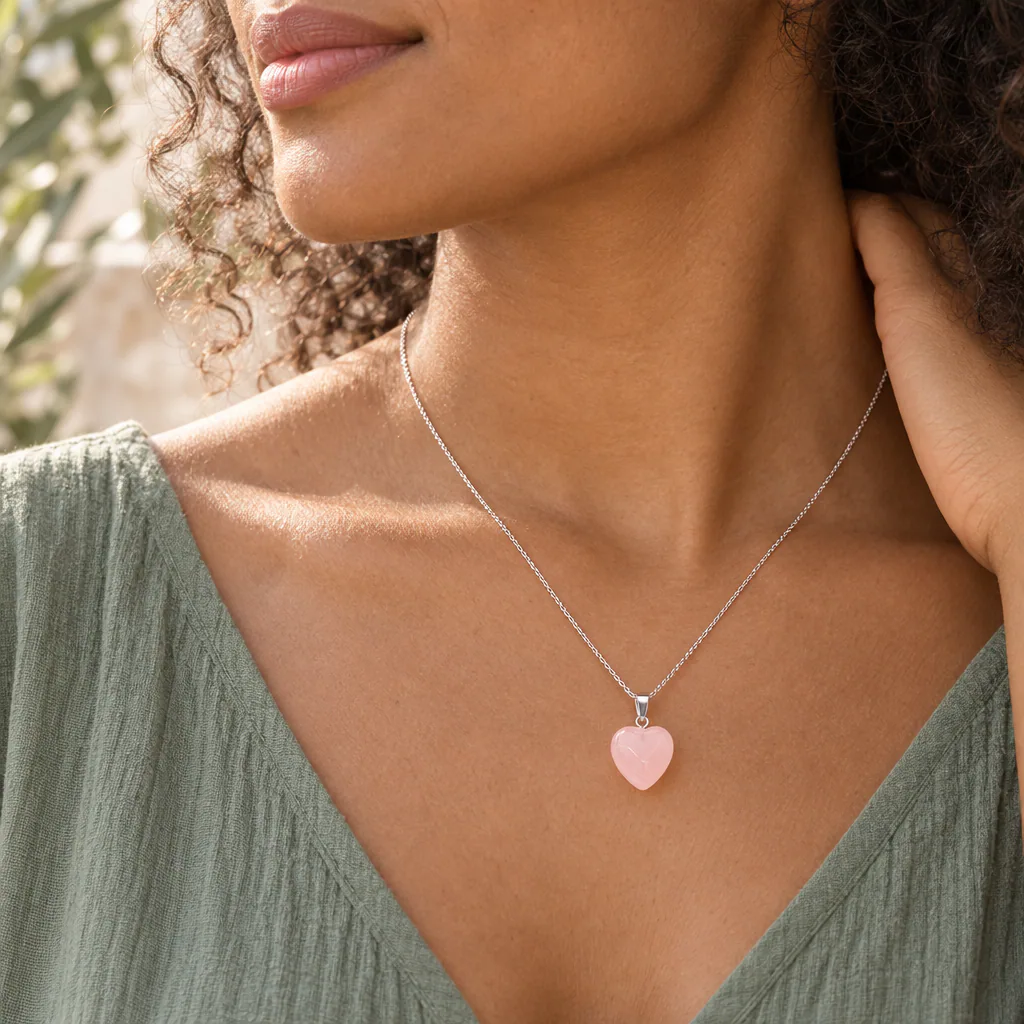 Pendentif cœur en quartz rose du Brésil · Grade A — vue portée 1