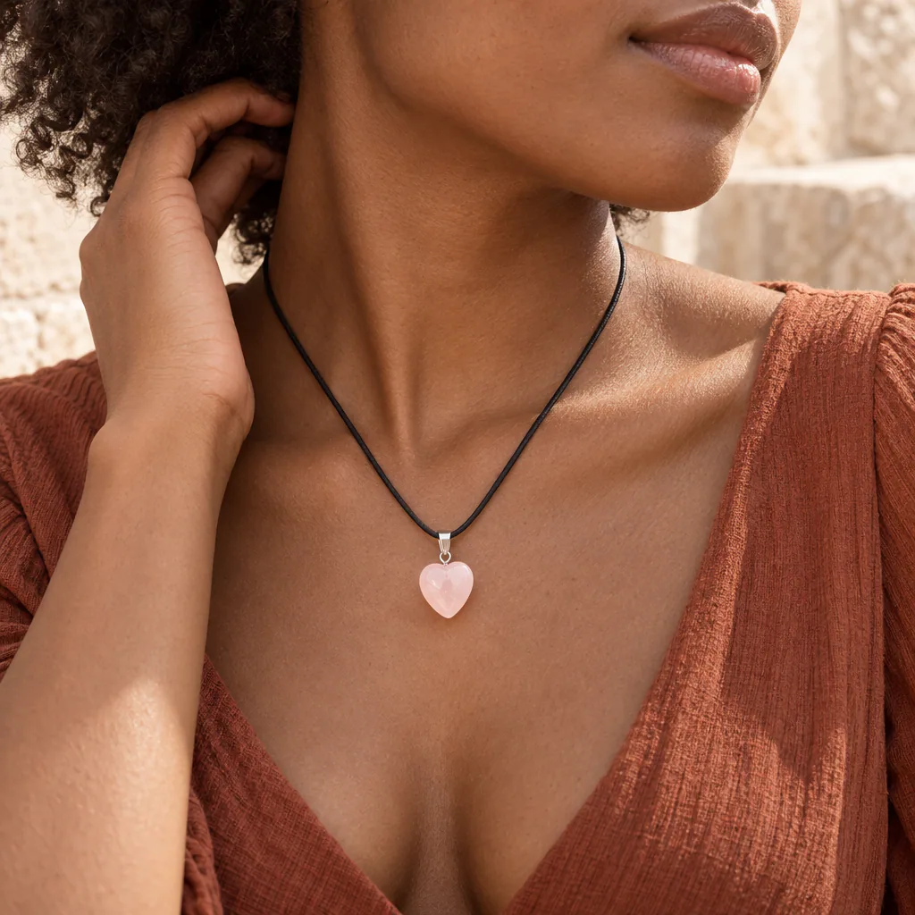 Pendentif cœur en quartz rose du Brésil · Grade A — vue portée 2