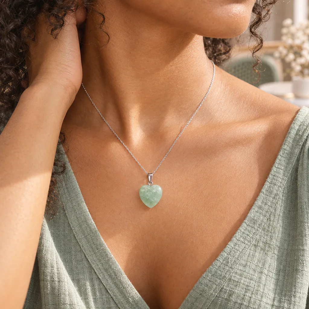 Pendentif cœur en fluorine verte de Chine · Grade A — vue portée 1