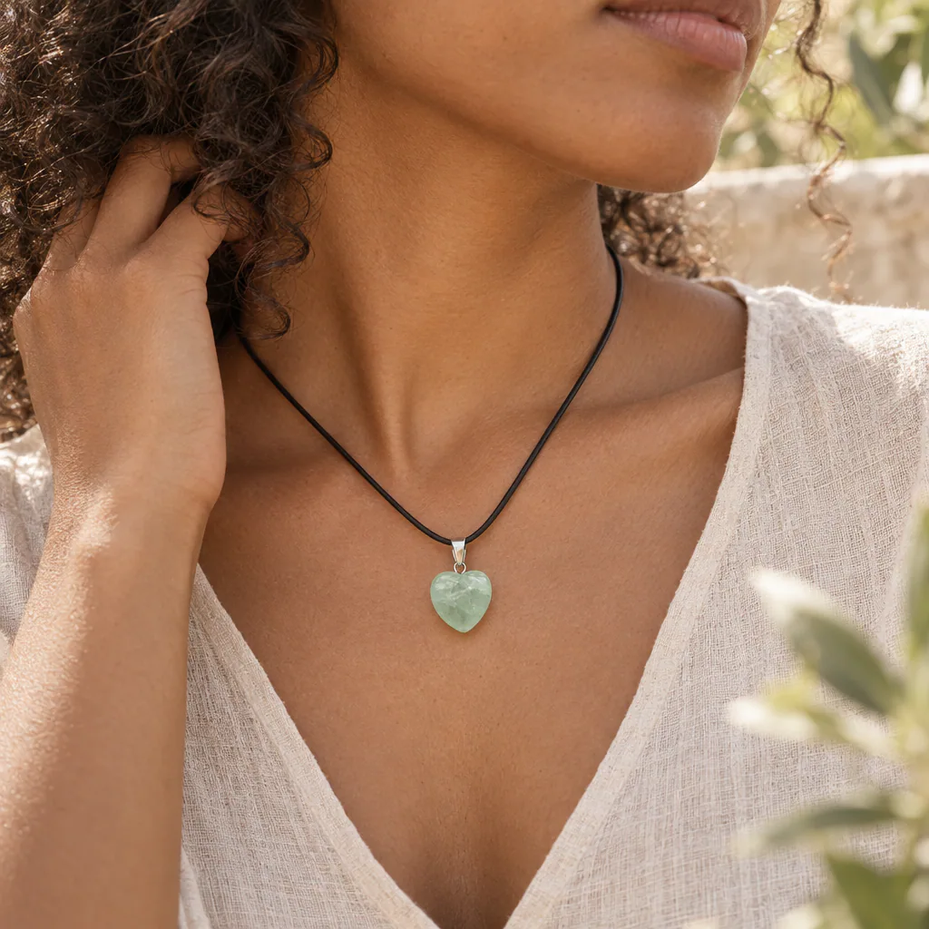 Pendentif cœur en fluorine verte de Chine · Grade A — vue portée 2