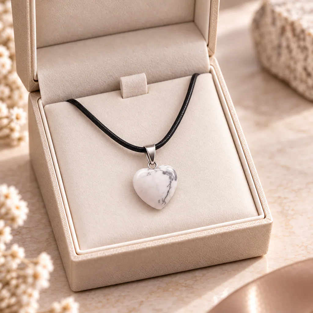 Pendentif cœur en howlite blanche du Zimbabwe · Grade A — vue studio 3