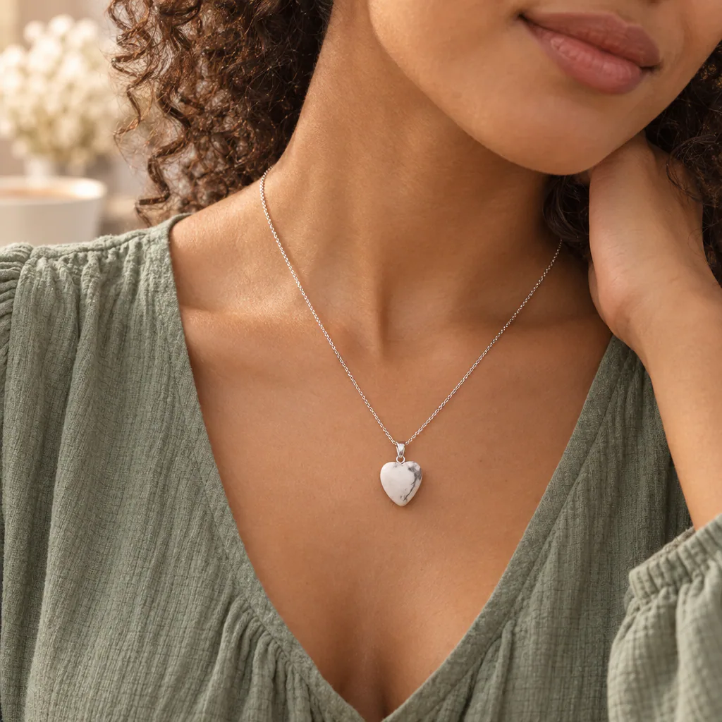 Pendentif cœur en howlite blanche du Zimbabwe · Grade A — vue portée 1