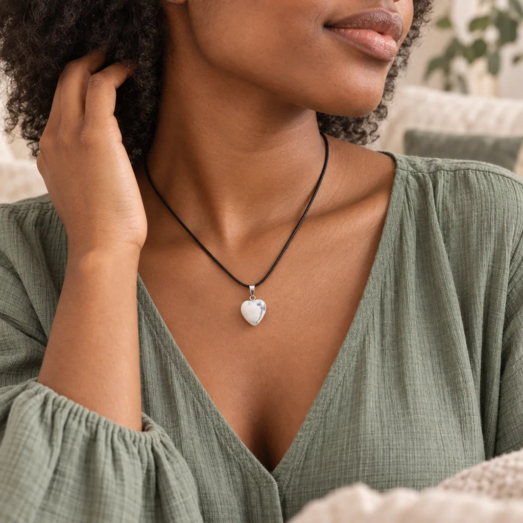 Pendentif cœur en howlite blanche du Zimbabwe · Grade A — vue portée 2